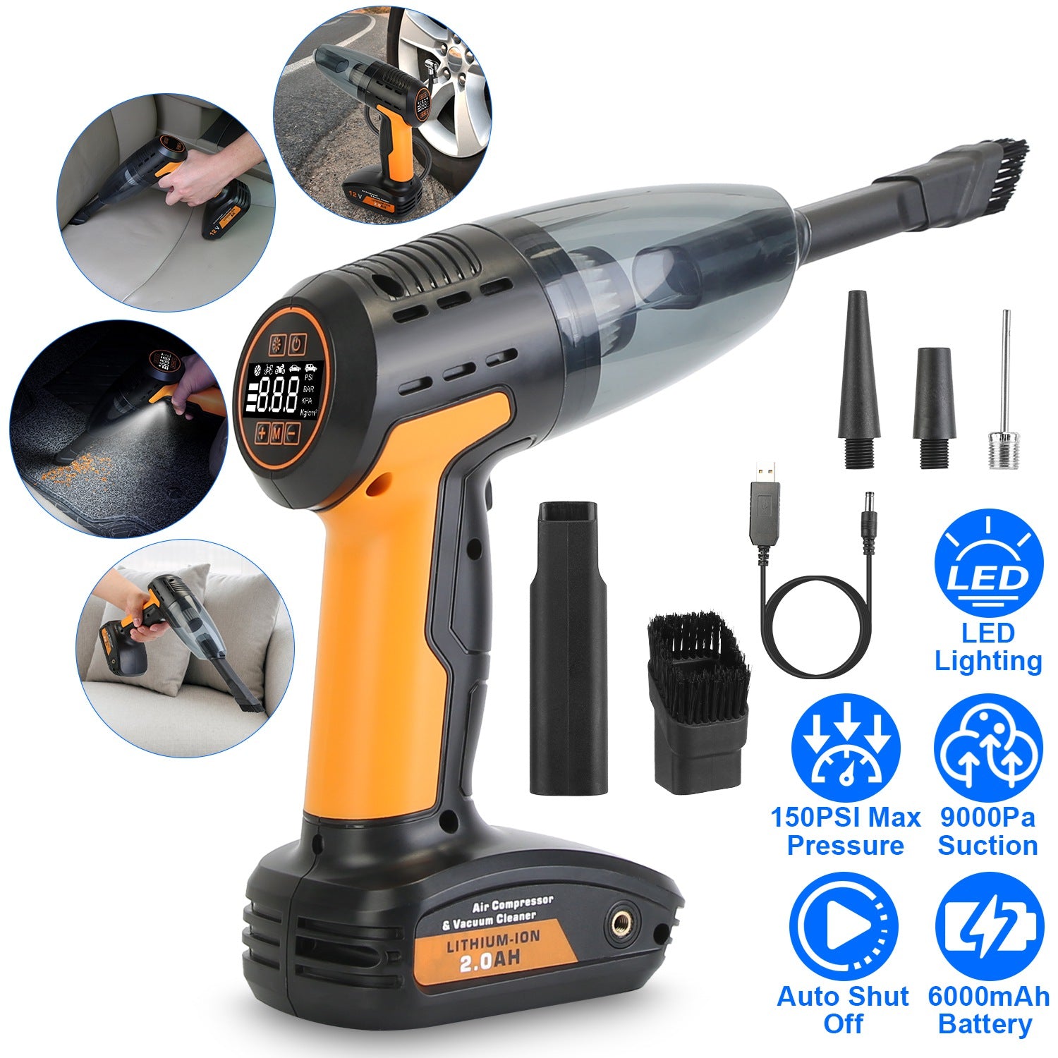 4-in-1 Cordless Car Vacuum & Tire Inflator – Portable Emergency Tool