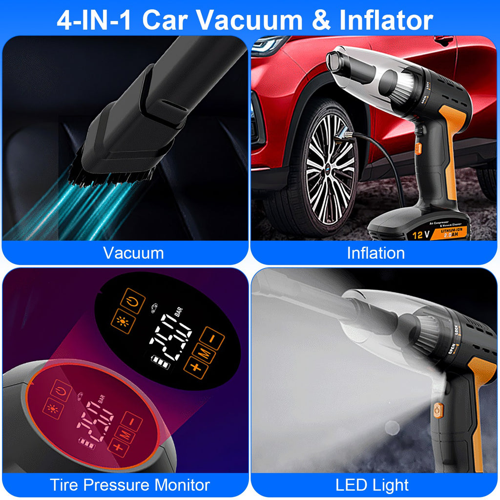 4-in-1 Cordless Car Vacuum & Tire Inflator – Portable Emergency Tool