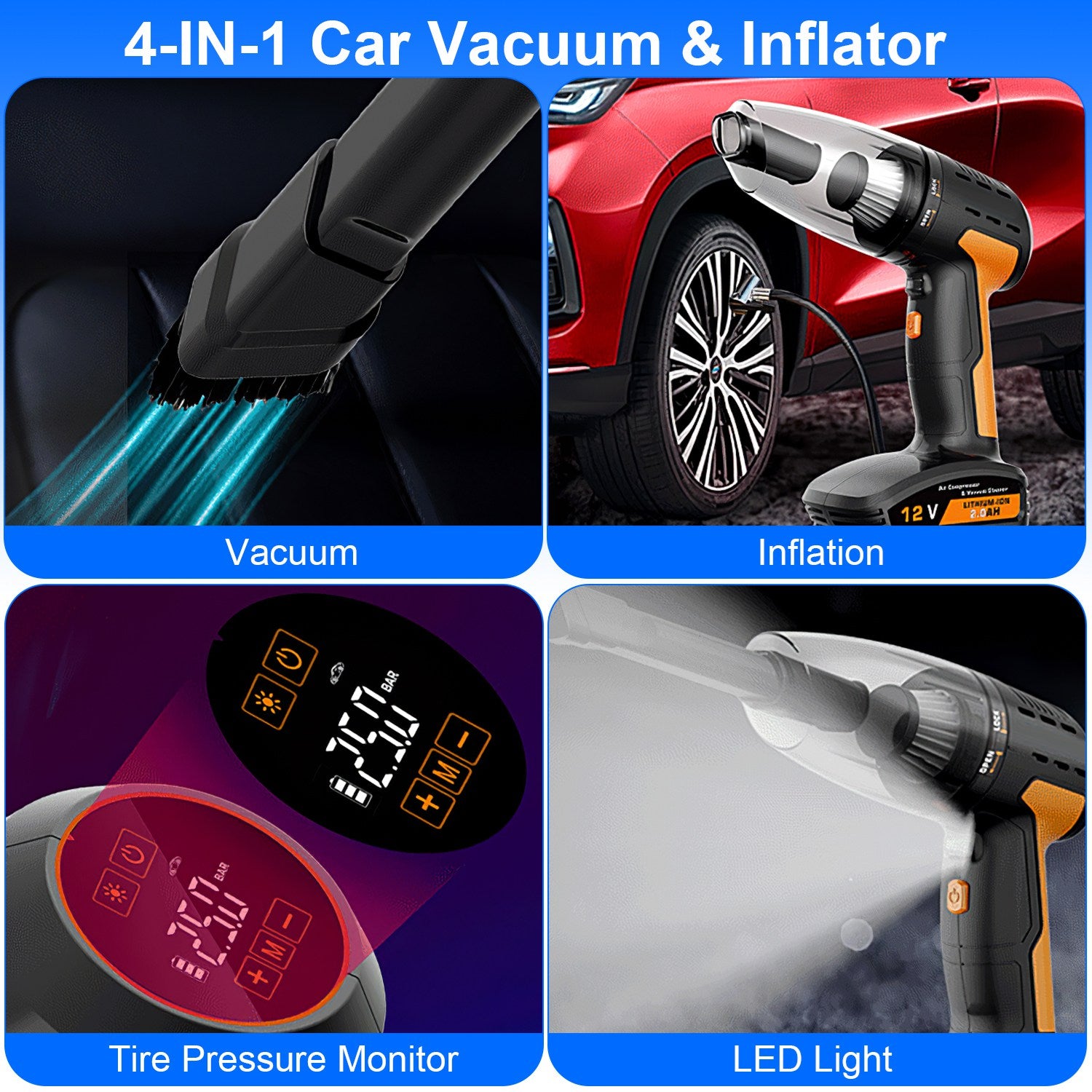 4-in-1 Cordless Car Vacuum & Tire Inflator – Portable Emergency Tool